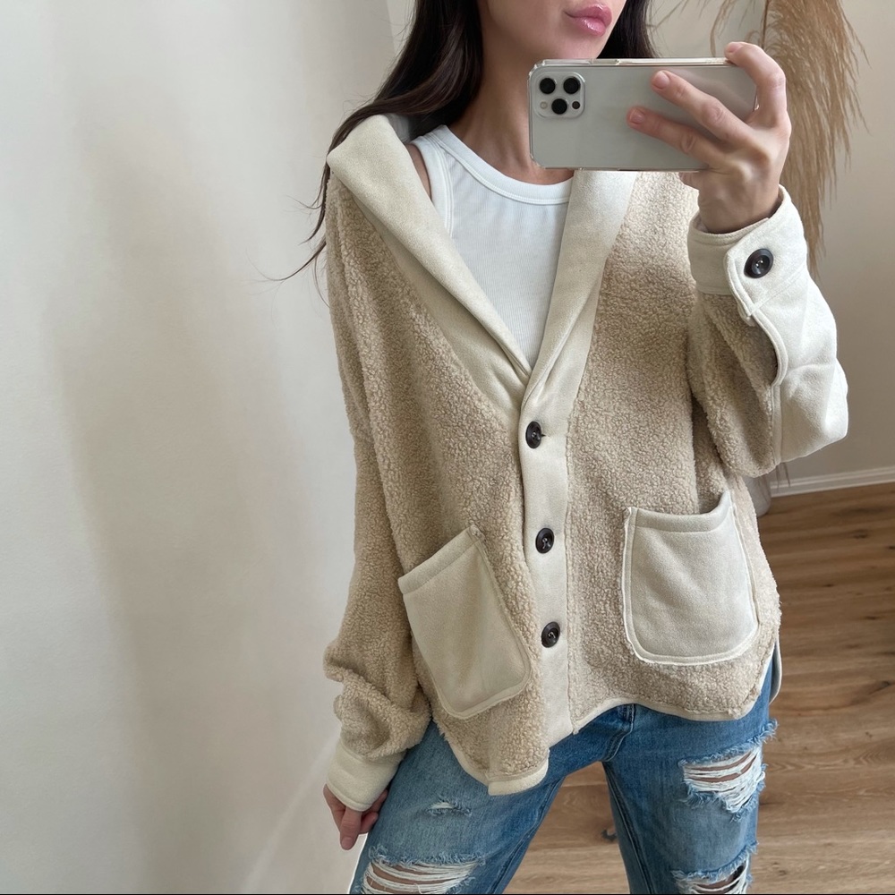 mrsalliexo Cream Sherpa Hooded Button-Up Jacket